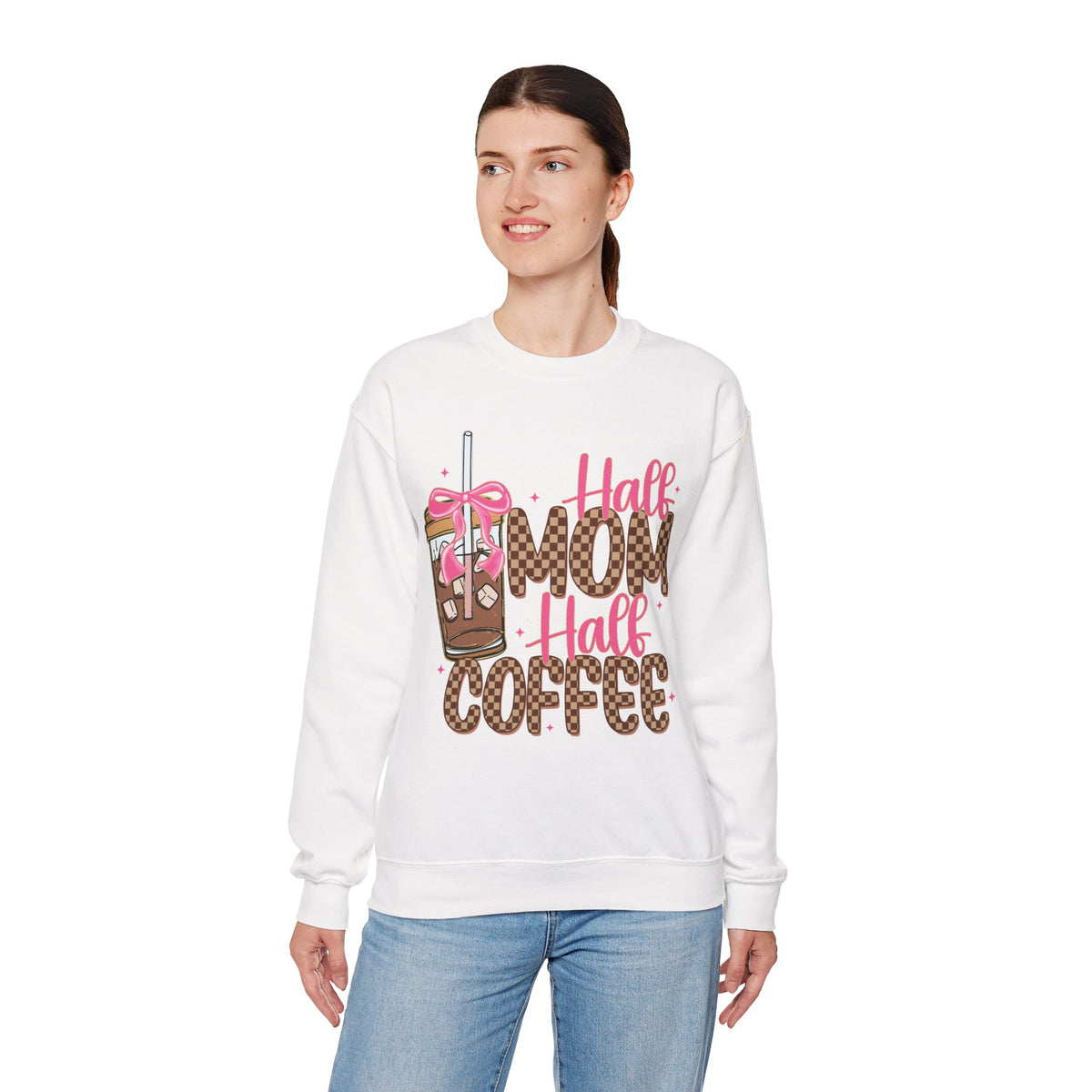 Half Mom Half Coffee, Cute Leopard Print Coffee Design – Gildan Heavy Blend | Trendy Women’s Soft Sweatshirt. Direct to Garment. Printed & Shipped in the USA. Unisex Sizes.
