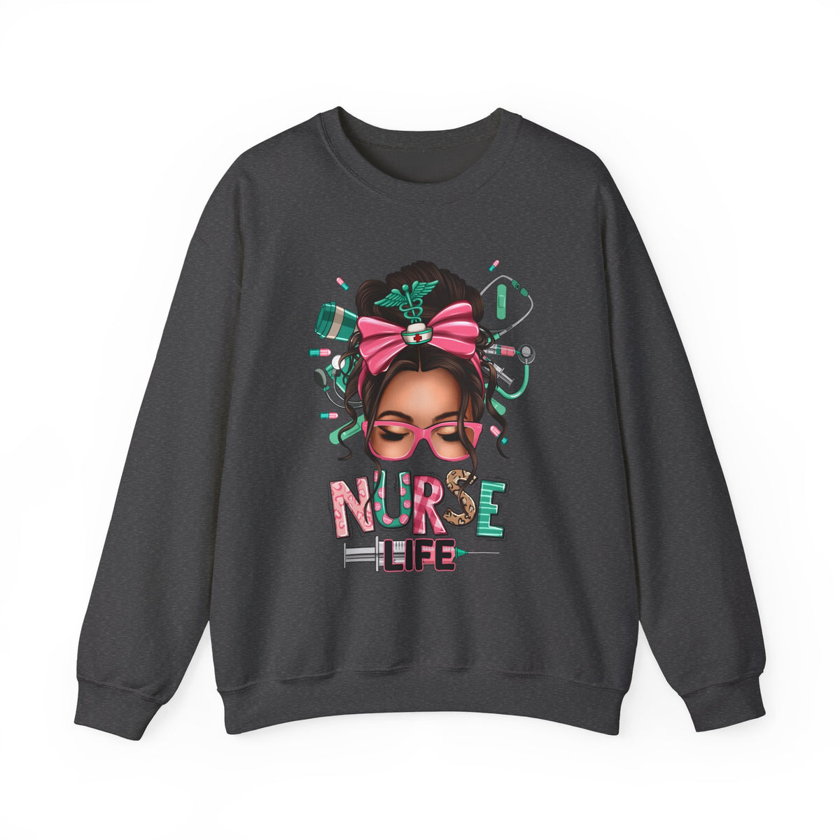 Nurse Life Messy Bun, Cute Stethescope & Syringe – Gildan Heavy Blend | Trendy Women’s Soft Sweatshirt. Direct to Garment. Printed & Shipped in the USA. Unisex Sizes.