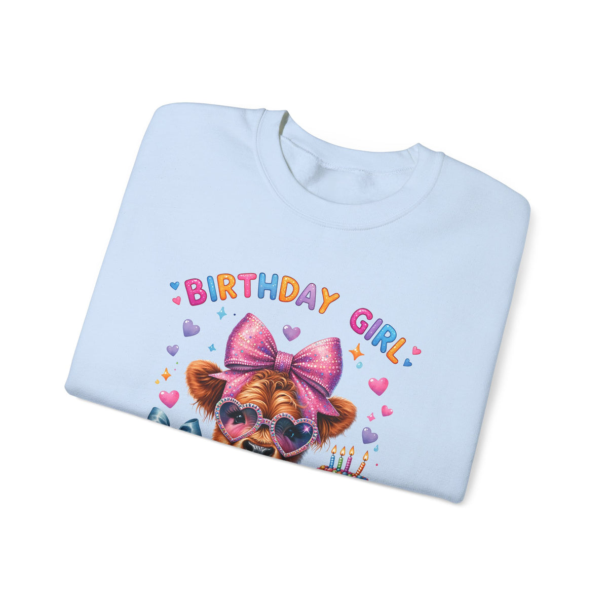Birthday Girl, Highland Cow – Gildan Heavy Blend | Trendy Women’s Soft Sweatshirt. Direct to Garment. Printed & Shipped in the USA. Unisex Sizes.