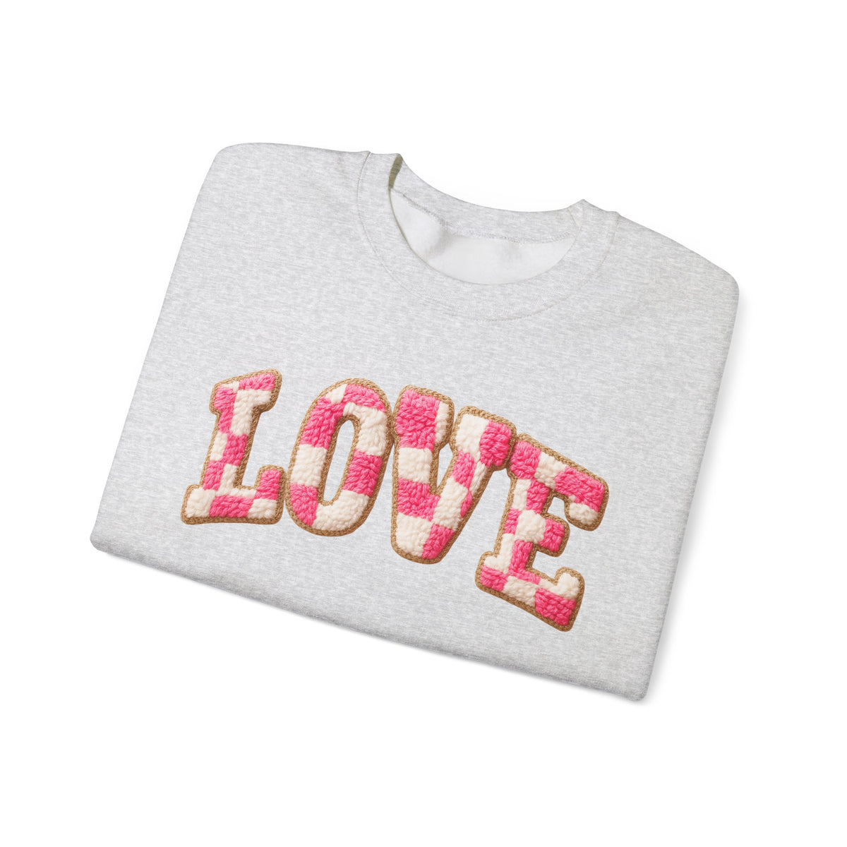 Faux Crochet Checkered LOVE – Gildan Heavy Blend | Trendy Women’s Soft Sweatshirt. Direct to Garment. Printed & Shipped in the USA. Unisex Sizes.