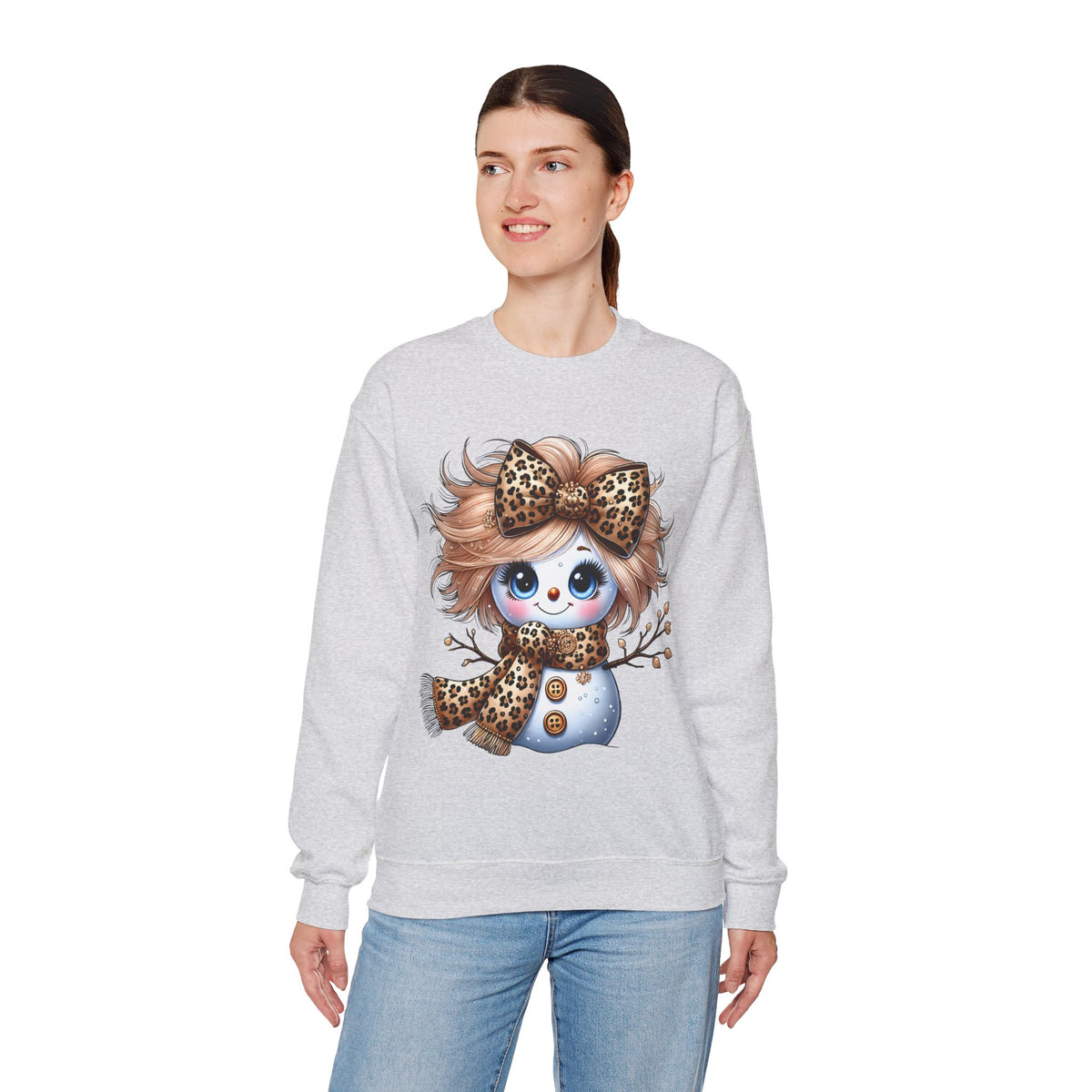 Snowgirl Cute Leopard Bow Snowman, Winter Cozy – Gildan Heavy Blend | Trendy Women’s Soft Sweatshirt. Direct to Garment. Printed & Shipped in the USA. Unisex Sizes.