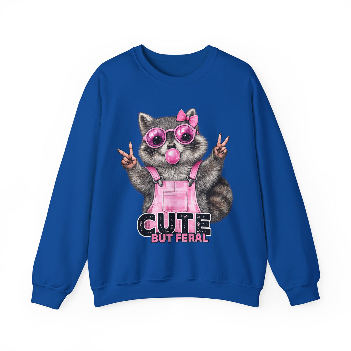 Cute But Feral, Raccoon in Pink Bibs – Gildan Heavy Blend | Trendy Women’s Soft Sweatshirt. Direct to Garment. Printed & Shipped in the USA. Unisex Sizes.