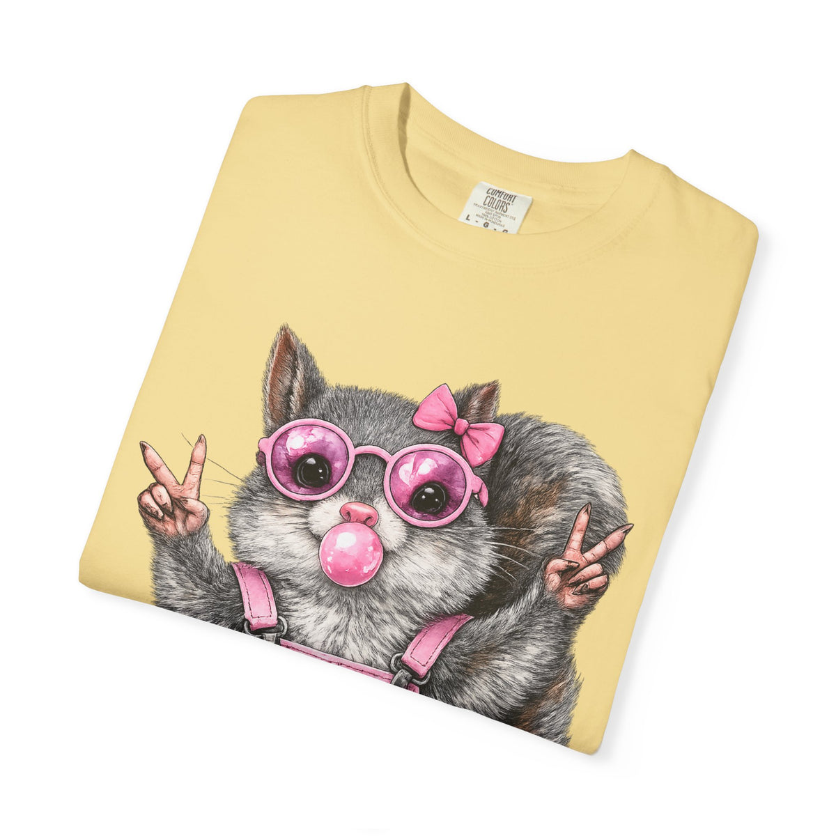 Cute But Feral, Squirrel in Pink Bibs - Comfort Colors | Trendy Women's T-Shirt. Direct to Garment. Printed & Shipped in the USA. Unisex Sizes.