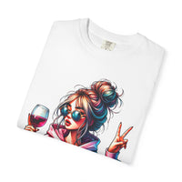 Dramatic Girl With Wine Messy Bun Peace Sign  - Comfort Colors | Trendy Women's T-Shirt. Direct to Garment. Printed & Shipped in the USA. Unisex Sizes.