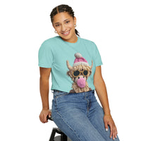 Faux Crochet Highland Cow Bubblegum - Comfort Colors | Trendy Women's T-Shirt. Direct to Garment. Printed & Shipped in the USA. Unisex Sizes.