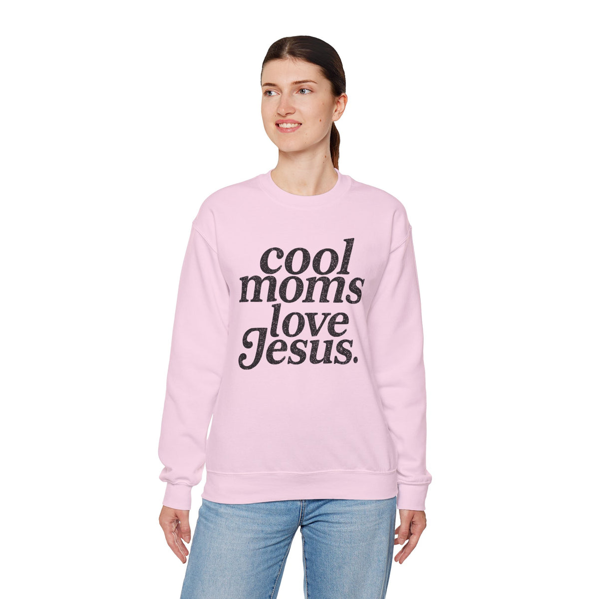 Cool Moms Love Jesus – Gildan Heavy Blend | Trendy Women’s Soft Sweatshirt. Direct to Garment. Printed & Shipped in the USA. Unisex Sizes.