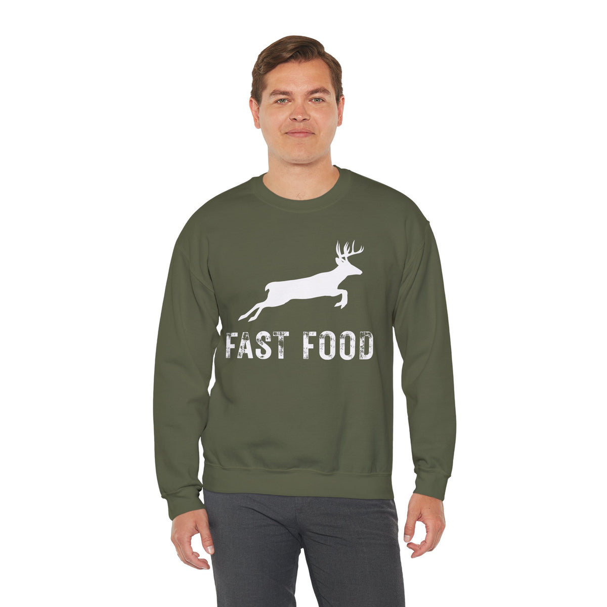 Fast Food Deer Hunting Humor Distressed – Gildan Heavy Blend | Trendy Men's and Women’s Soft Sweatshirt. Direct to Garment. Printed & Shipped in the USA. Unisex Sizes.