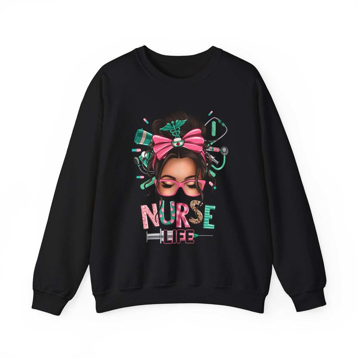 Nurse Life Messy Bun, Cute Stethescope & Syringe – Gildan Heavy Blend | Trendy Women’s Soft Sweatshirt. Direct to Garment. Printed & Shipped in the USA. Unisex Sizes.