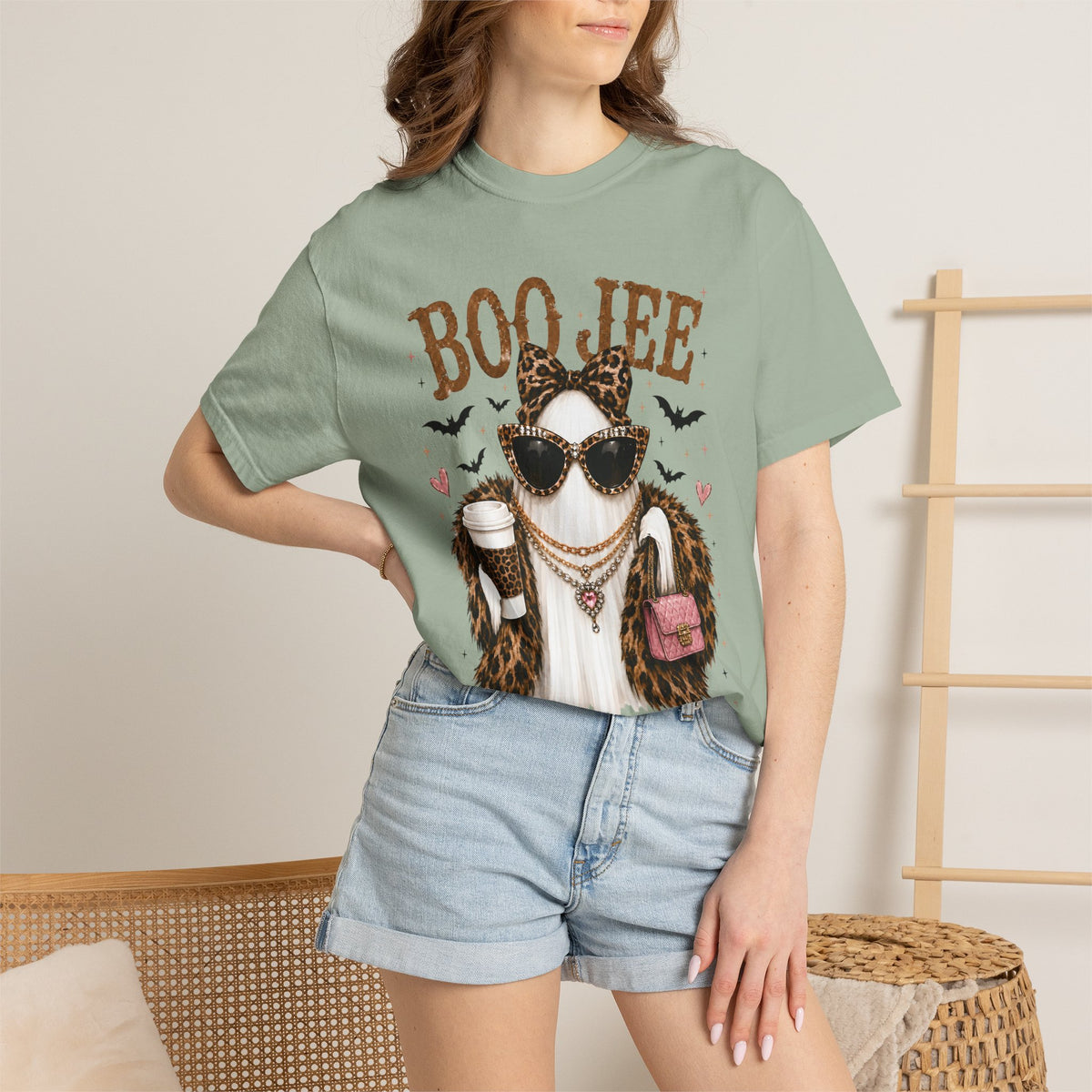 BooJee Ghost with Coffee - Halloween - Comfort Colors | Trendy Women's T-Shirt. Direct to Garment. Printed & Shipped in the USA. Unisex Sizes.