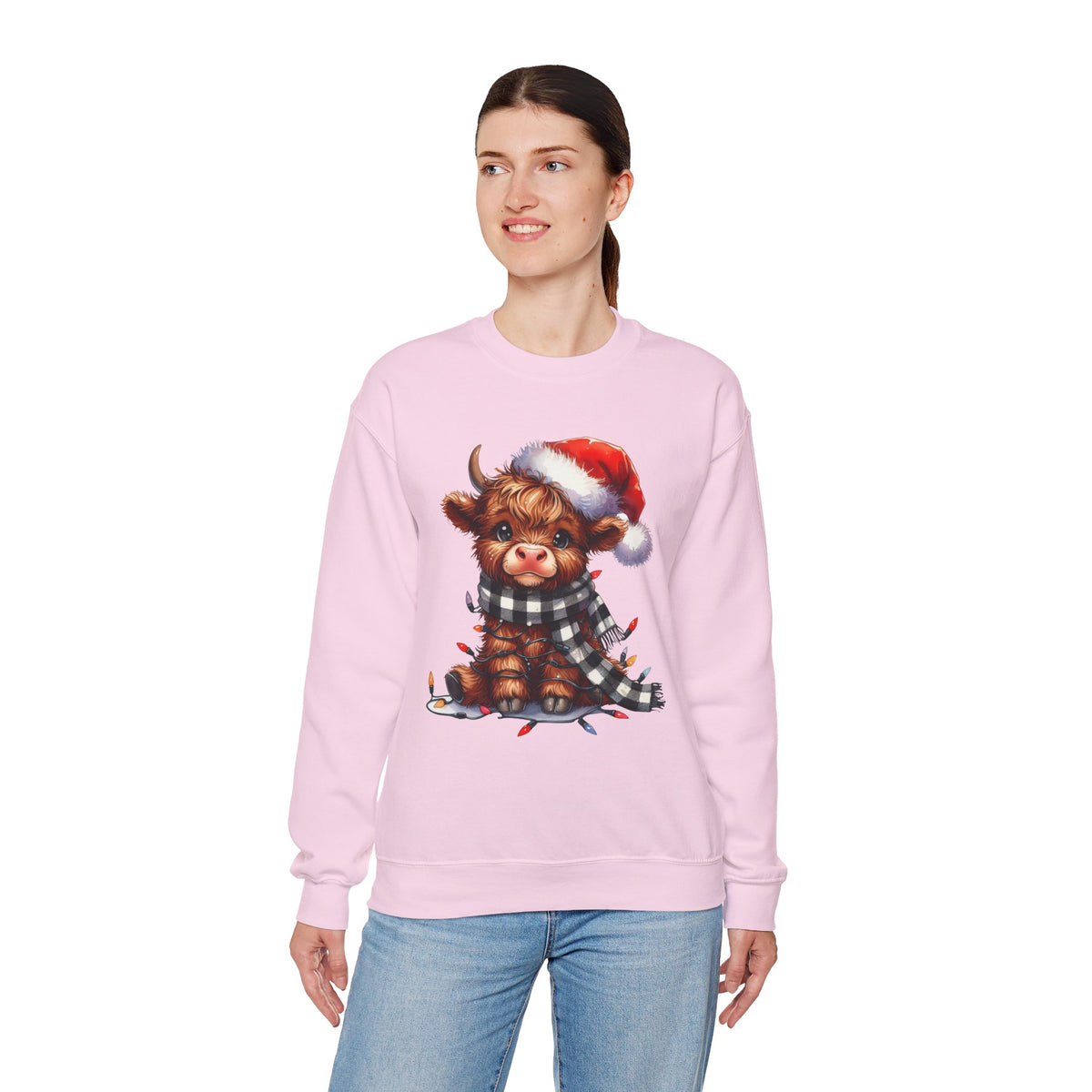 Cute Highland Cow Santa Hat Scarf Christmas Lights – Gildan Heavy Blend | Trendy Women’s Soft Sweatshirt. Direct to Garment. Printed & Shipped in the USA. Unisex Sizes.