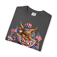 Patriotic Highland, America's 250th Birthday - Comfort Colors | Trendy Women's and Men's T-Shirt. Direct to Garment. Printed & Shipped in the USA. Unisex Sizes.