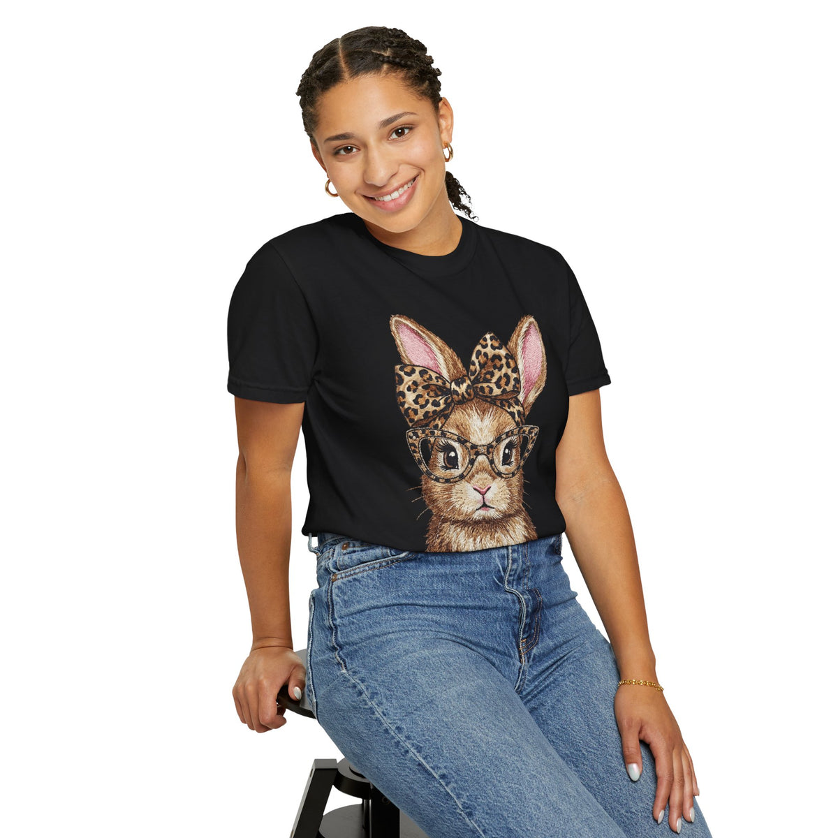 Bunny with Leopard Bow and Glasses - Comfort Colors | Trendy Women's T-Shirt. Direct to Garment. Printed & Shipped in the USA. Unisex Sizes.