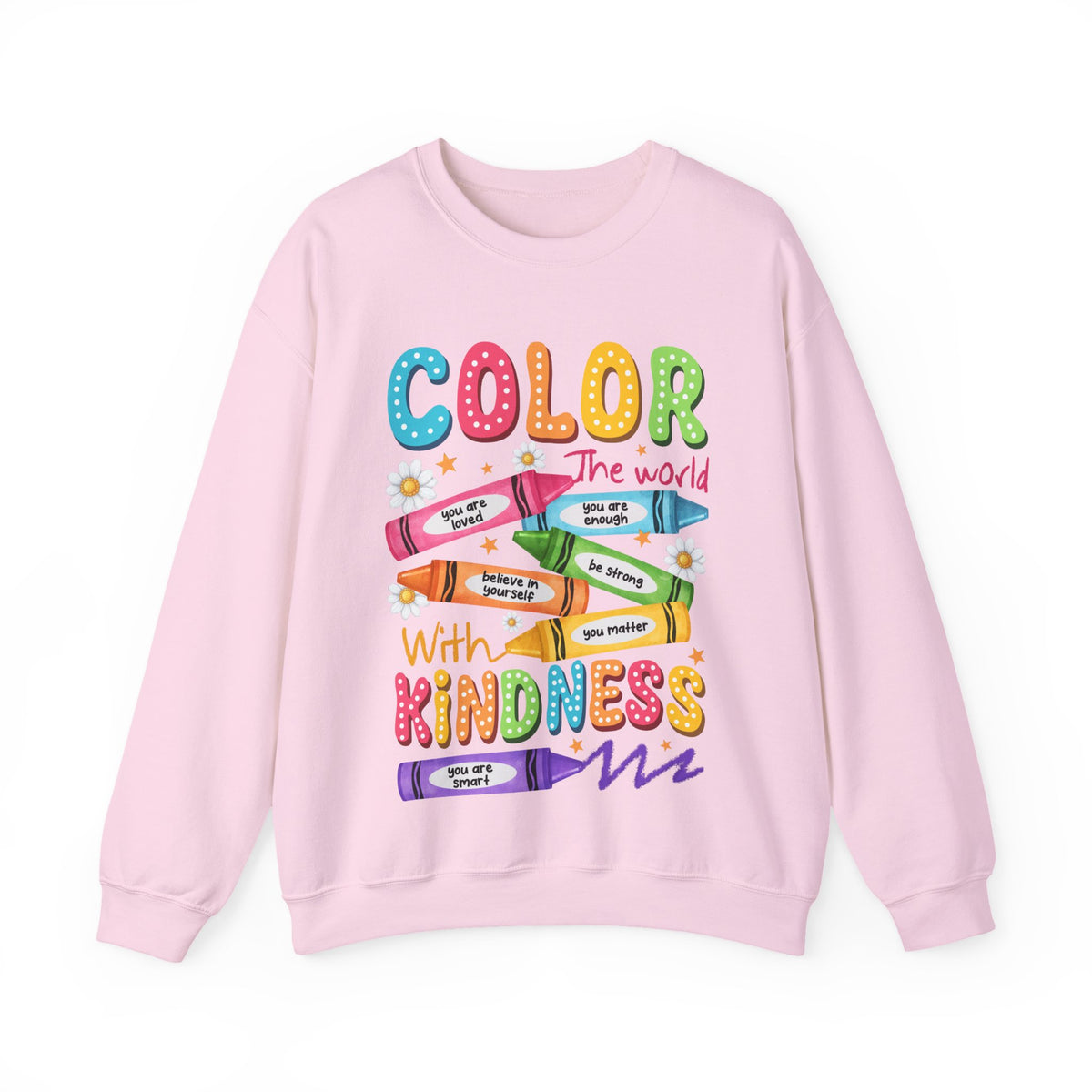 Color the World With Kindness Crayons, Great Teacher Gift – Gildan Heavy Blend | Trendy Women’s and Men's Soft Sweatshirt. Direct to Garment. Printed & Shipped in the USA. Unisex Sizes.