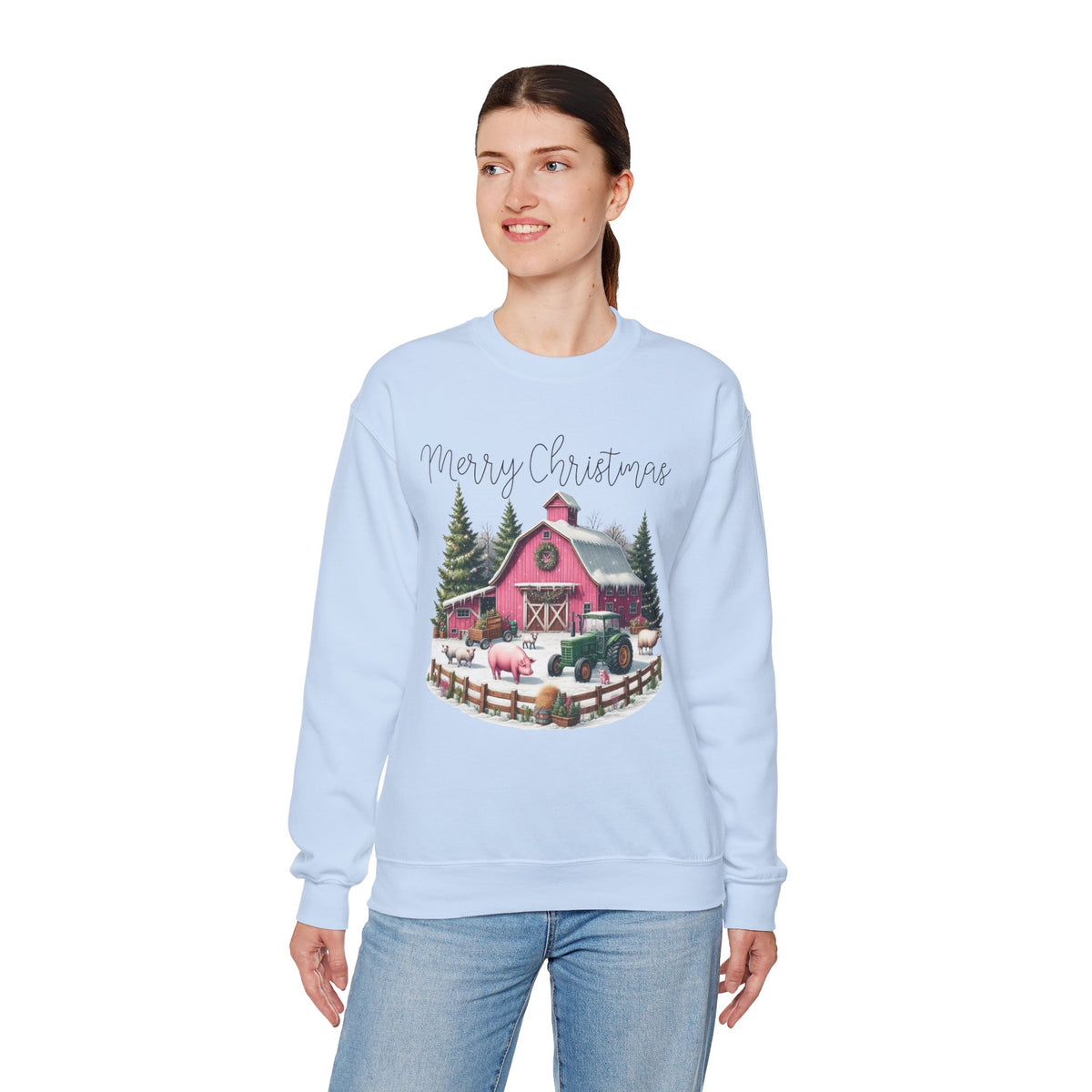 Merry Christmas Pink Barn Farm Animals – Gildan Heavy Blend | Trendy Women’s Soft Sweatshirt. Direct to Garment. Printed & Shipped in the USA. Unisex Sizes.
