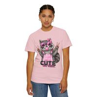 Cute But Feral, Raccoon in Pink Bibs - Comfort Colors | Trendy Women's T-Shirt. Direct to Garment. Printed & Shipped in the USA. Unisex Sizes.