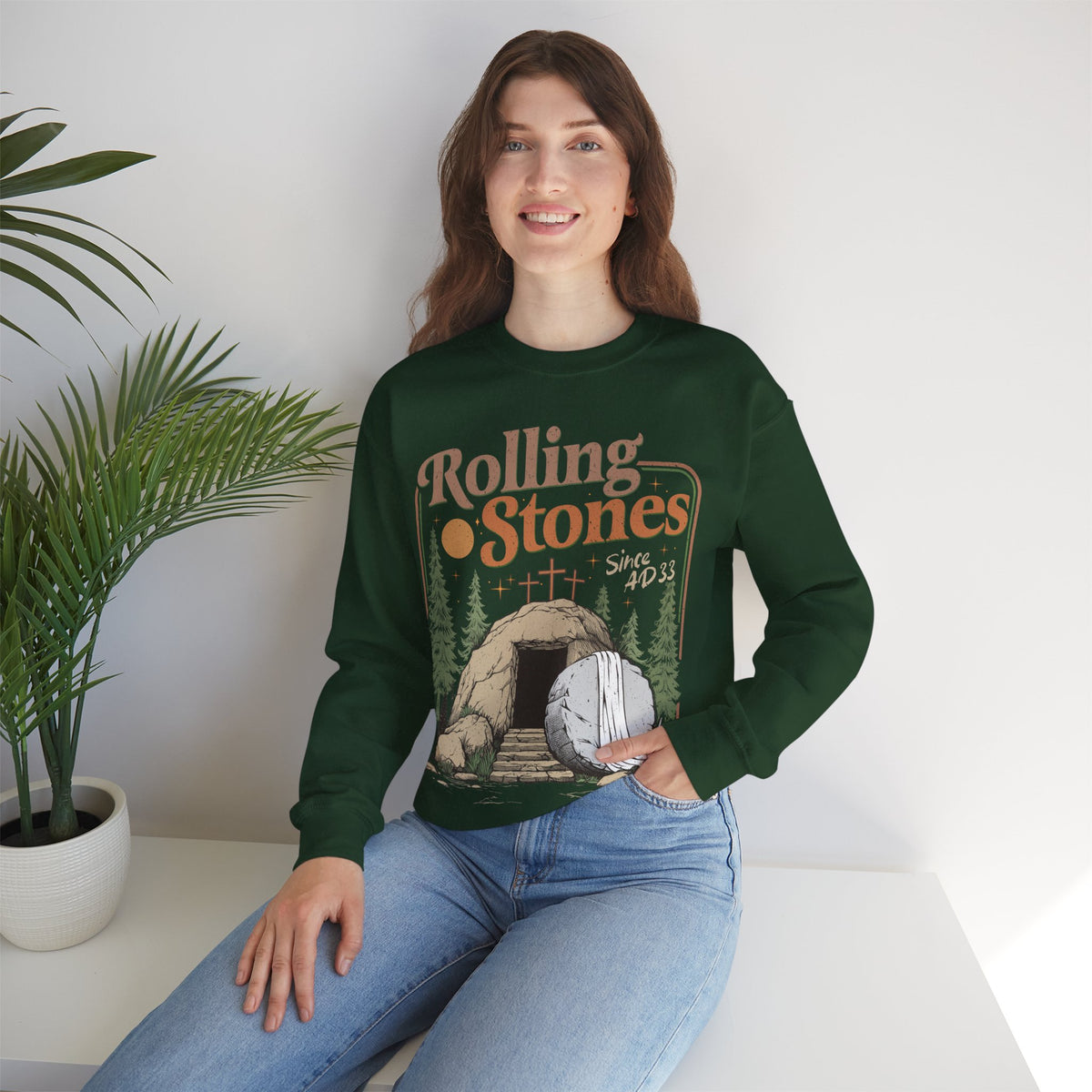 Rolling Stones "Since AD33" Easter Empty Tomb Christian – Gildan Heavy Blend | Trendy Men's and Women’s Soft Sweatshirt. Direct to Garment. Printed & Shipped in the USA. Unisex Sizes.