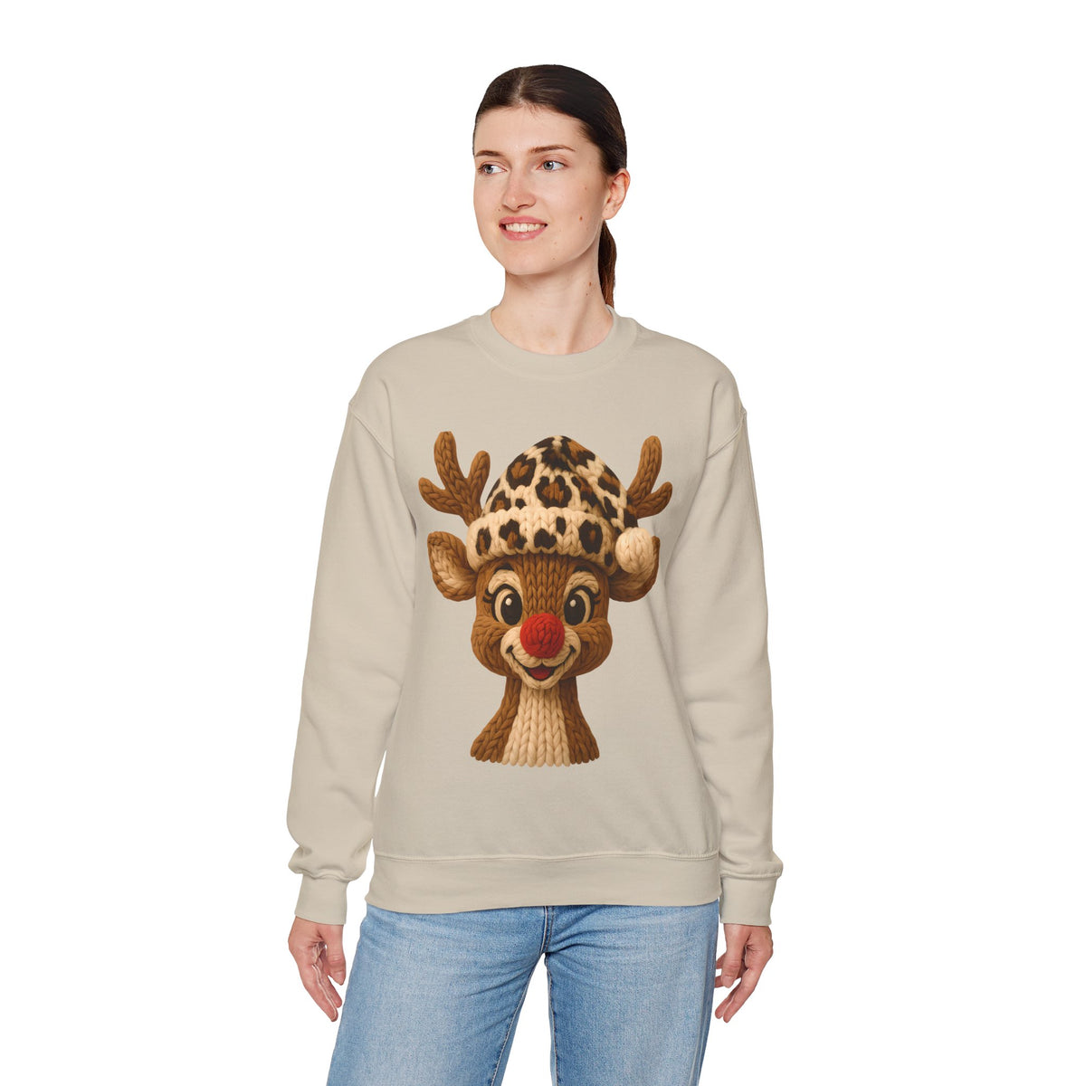 Rudolph Reindeer Leopard Santa Hat Christmas – Gildan Heavy Blend | Trendy Women’s Soft Sweatshirt. Direct to Garment. Printed & Shipped in the USA. Unisex Sizes.