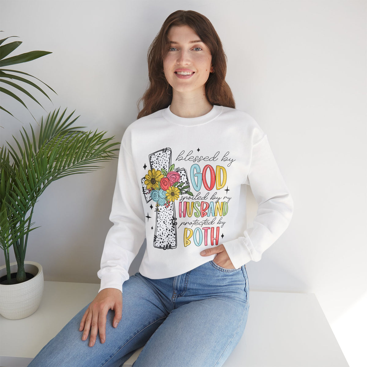 Blessed By God, Spoiled By My Husband, Protected By Both – Gildan Heavy Blend | Trendy Women’s Soft Sweatshirt. Direct to Garment. Printed & Shipped in the USA. Unisex Sizes.