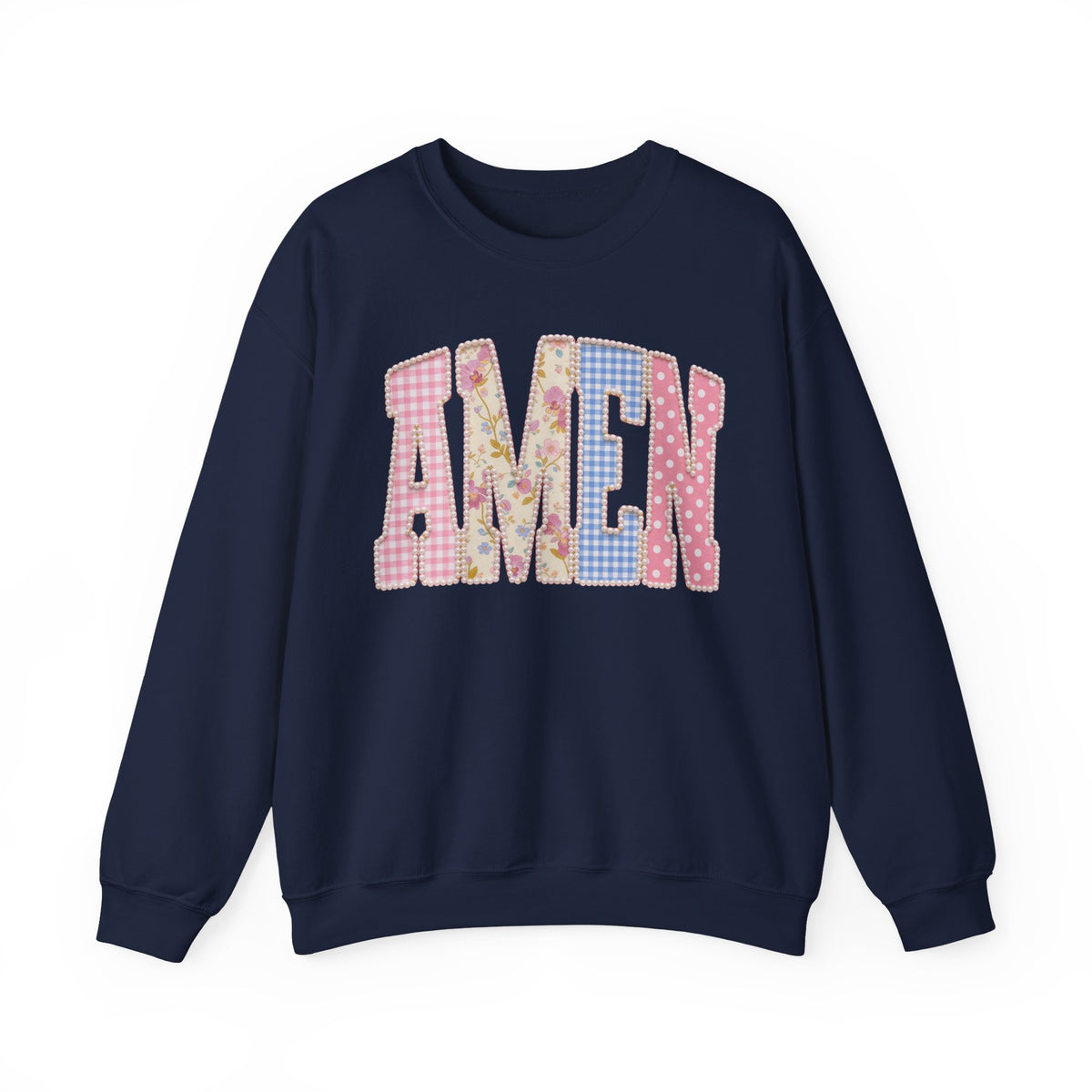 Pastel faux Patchwork AMEN with faux Pearls – Gildan Heavy Blend | Trendy Women’s Soft Sweatshirt. Direct to Garment. Printed & Shipped in the USA. Unisex Sizes.