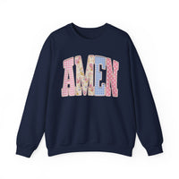 Pastel faux Patchwork AMEN with faux Pearls – Gildan Heavy Blend | Trendy Women’s Soft Sweatshirt. Direct to Garment. Printed & Shipped in the USA. Unisex Sizes.