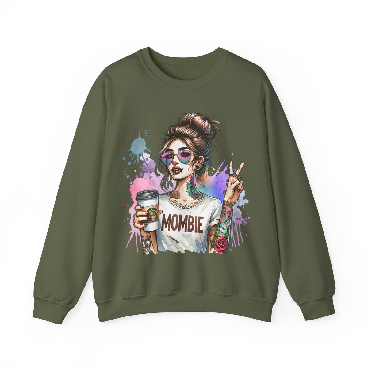 Cool Mombie with Coffee Peace Tattoo - Tired Mom – Gildan Heavy Blend | Trendy Women’s Soft Sweatshirt. Direct to Garment. Printed & Shipped in the USA. Unisex Sizes.