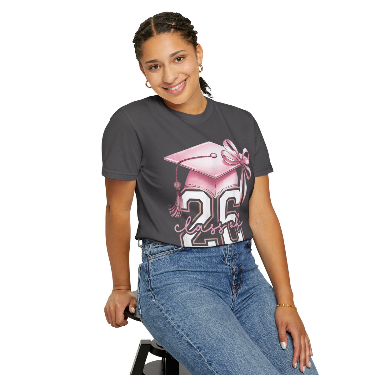 Pink Coquette, Class of 2026 Graduation Cap - Comfort Colors | Trendy Women's T-Shirt. Direct to Garment. Printed & Shipped in the USA. Unisex Sizes.