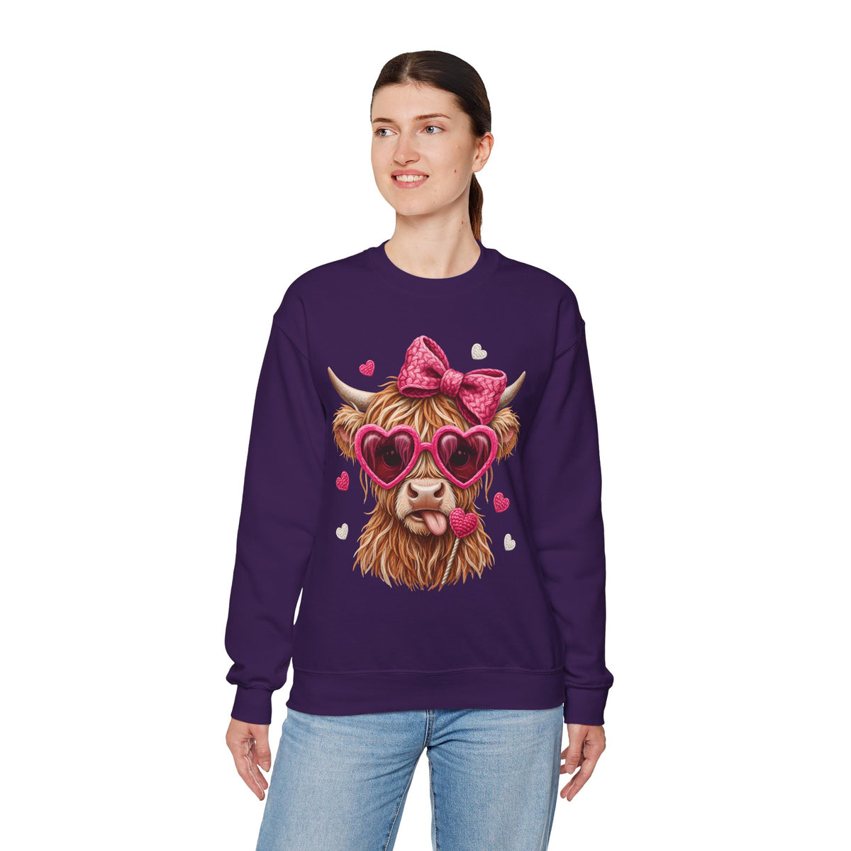 Highland Cow - Pink Heart Shaped Glasses – Gildan Heavy Blend | Trendy Women’s Soft Sweatshirt. Direct to Garment. Printed & Shipped in the USA. Unisex Sizes.