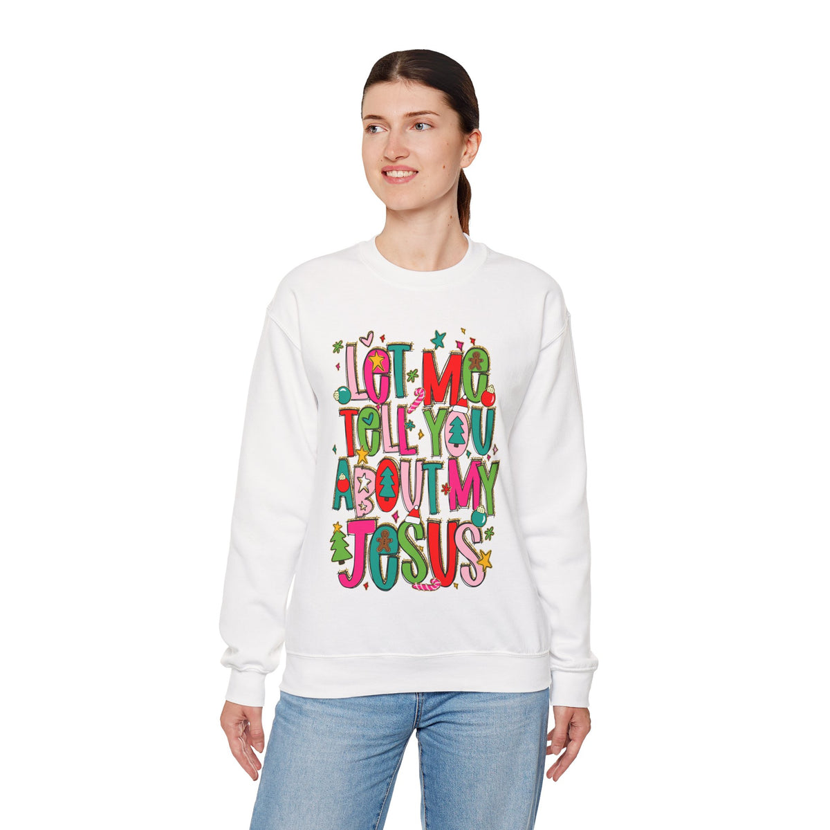 Let Me Tell You About My Jesus - Christmas Faith – Gildan Heavy Blend | Trendy Women’s Soft Sweatshirt. Direct to Garment. Printed & Shipped in the USA. Unisex Sizes.