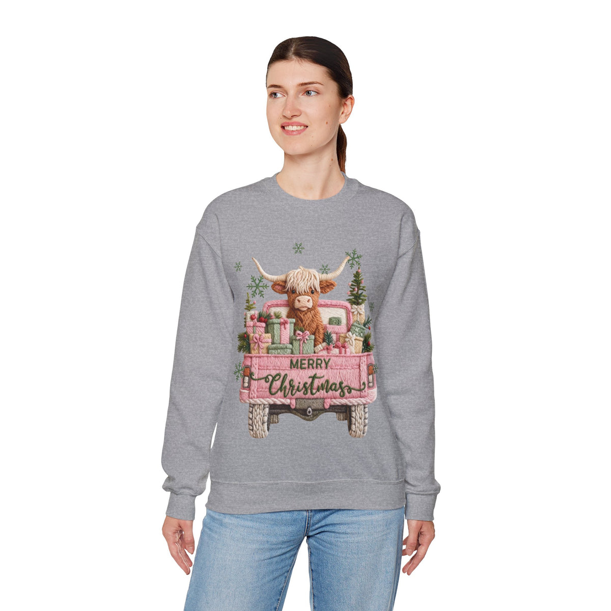 Highland Cow in Pink Truck Merry Christmas Holiday Farmhouse – Gildan Heavy Blend | Trendy Women’s Soft Sweatshirt. Direct to Garment. Printed & Shipped in the USA. Unisex Sizes.