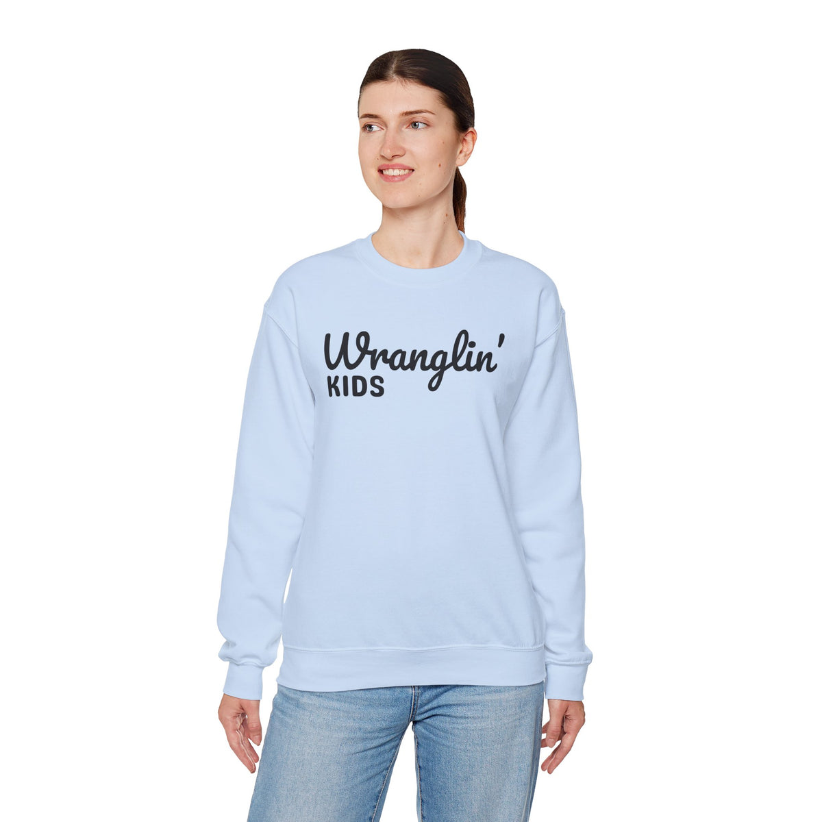 Wranglin' Kids Funny Mom Dad – Gildan Heavy Blend | Trendy Women’s and Men's Soft Sweatshirt. Direct to Garment. Printed & Shipped in the USA. Unisex Sizes.