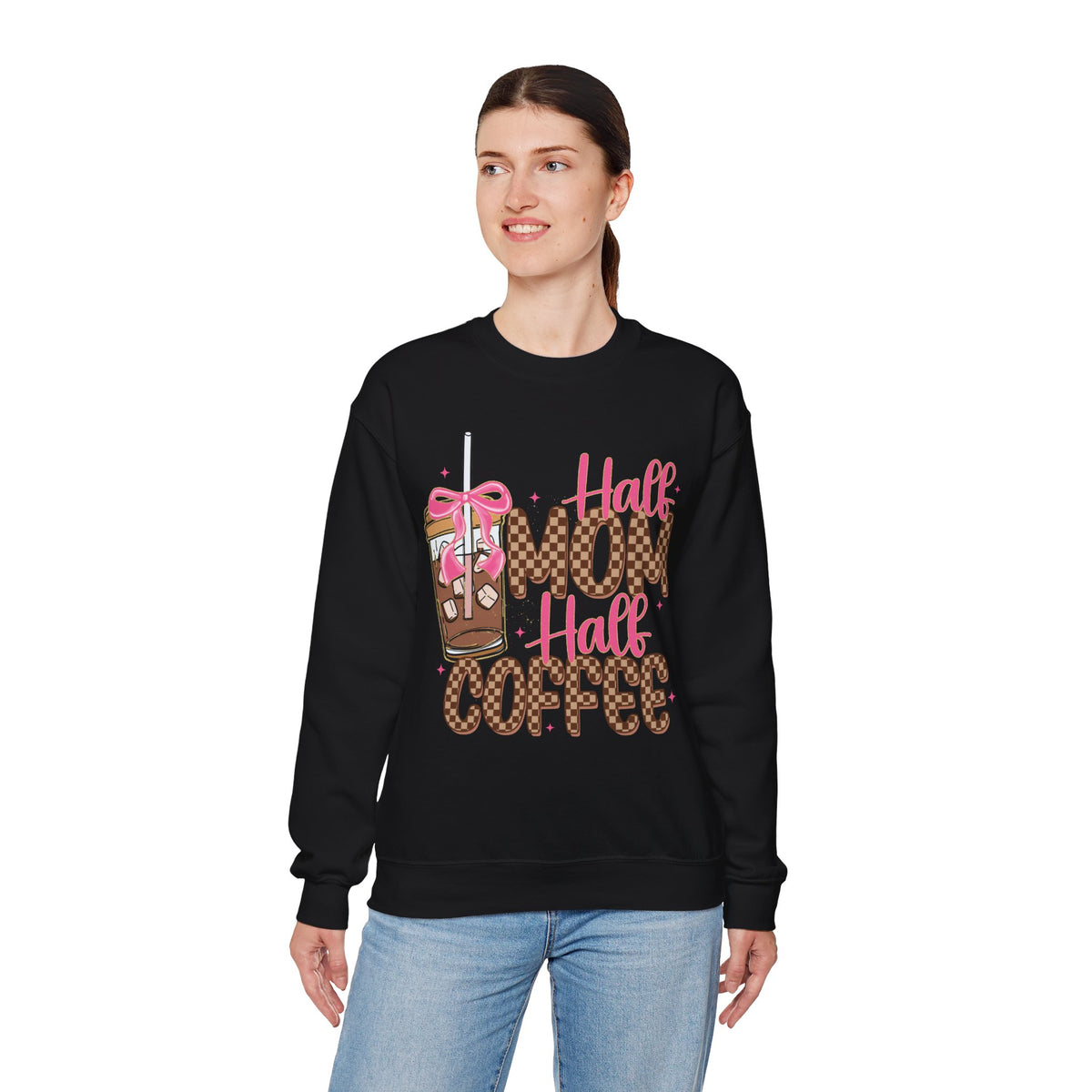 Half Mom Half Coffee, Cute Leopard Print Coffee Design – Gildan Heavy Blend | Trendy Women’s Soft Sweatshirt. Direct to Garment. Printed & Shipped in the USA. Unisex Sizes.