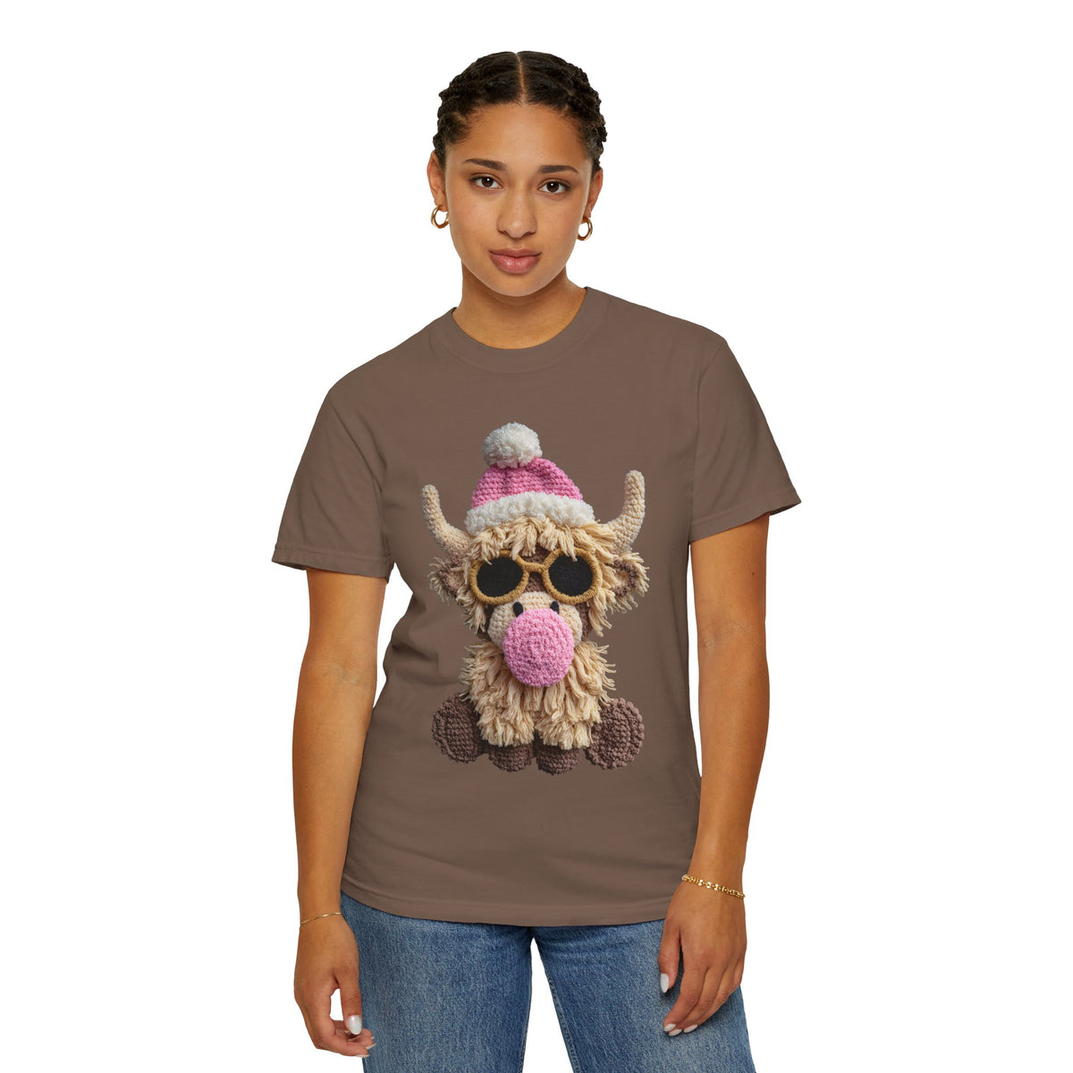 Faux Crochet Highland Cow Bubblegum - Comfort Colors | Trendy Women's T-Shirt. Direct to Garment. Printed & Shipped in the USA. Unisex Sizes.