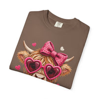 Highland Cow - Pink Heart Shaped Glasses - Comfort Colors | Trendy Women's T-Shirt. Direct to Garment. Printed & Shipped in the USA. Unisex Sizes.