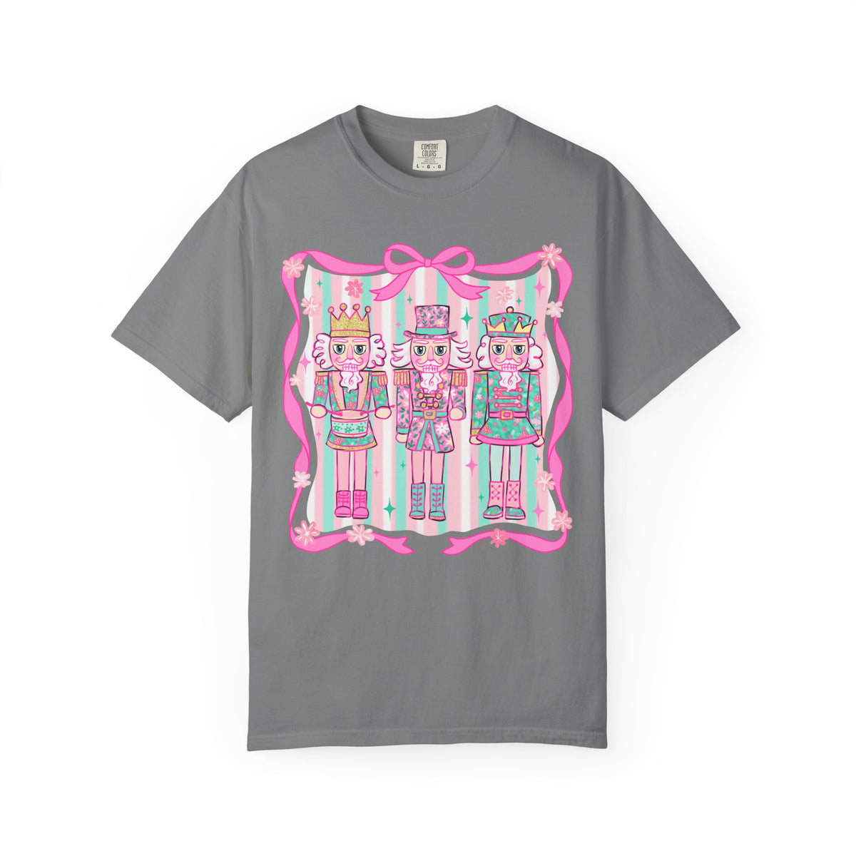 Coquette Pastel Christmas Nutcracker Trio Pink and Green - Comfort Colors | Trendy Women's T-Shirt. Direct to Garment. Printed & Shipped in the USA. Unisex Sizes.