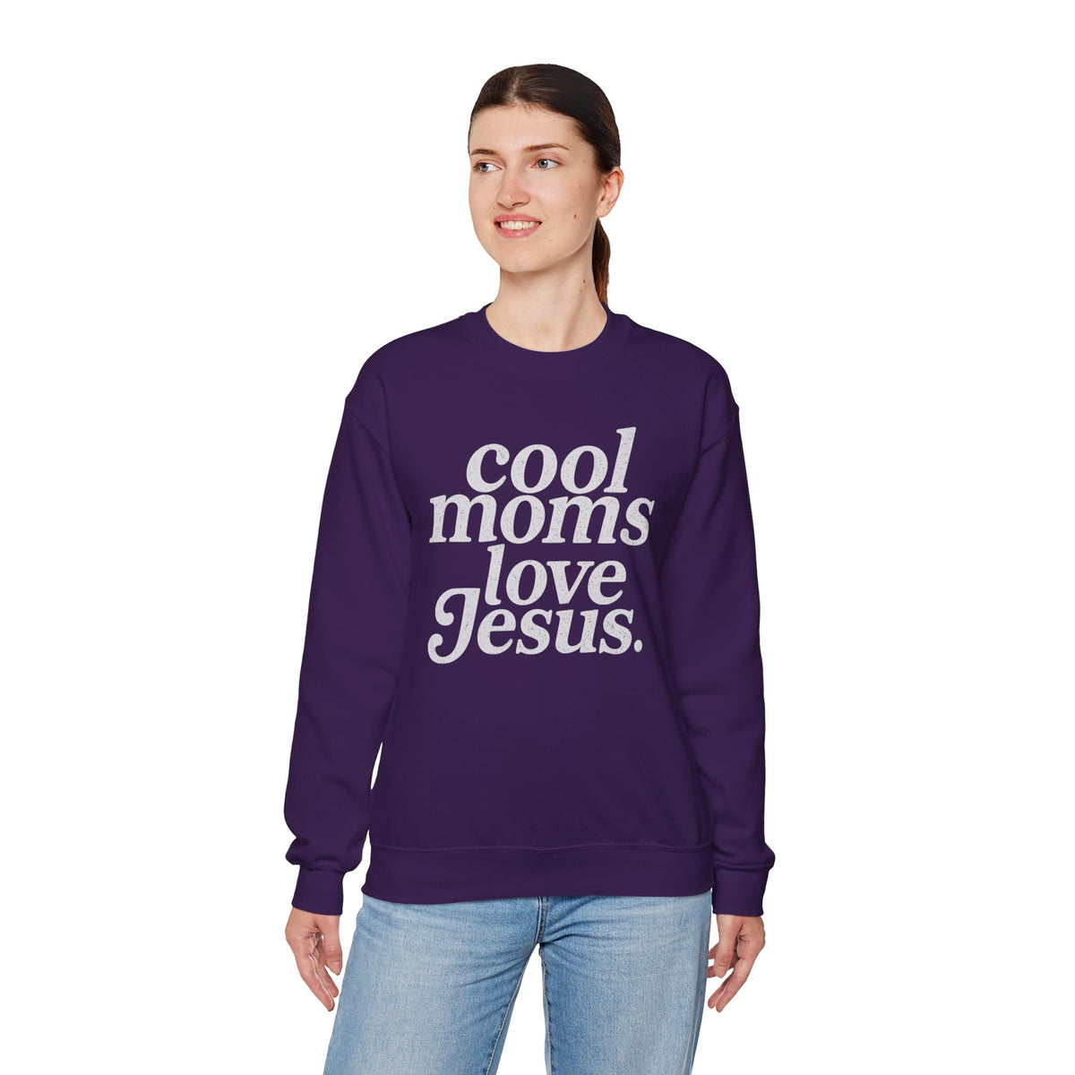 Cool Moms Love Jesus – Gildan Heavy Blend | Trendy Women’s Soft Sweatshirt. Direct to Garment. Printed & Shipped in the USA. Unisex Sizes.