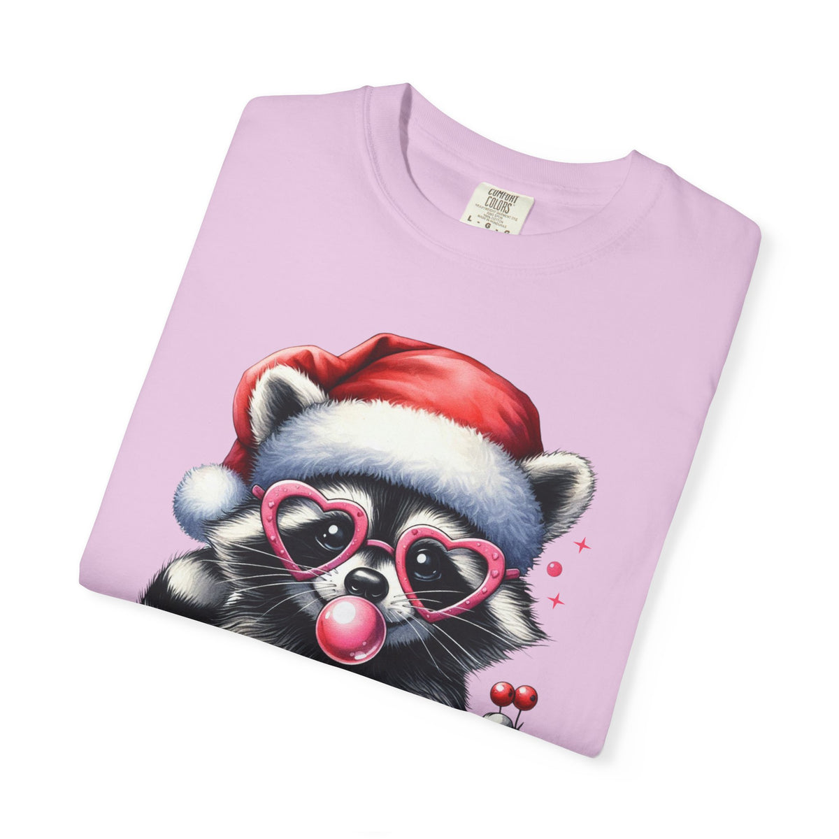 Merry Trashmas Bubblegum Raccoon w/Santa Hat Christmas - Comfort Colors | Trendy Women's T-Shirt. Direct to Garment. Printed & Shipped in the USA. Unisex Sizes.