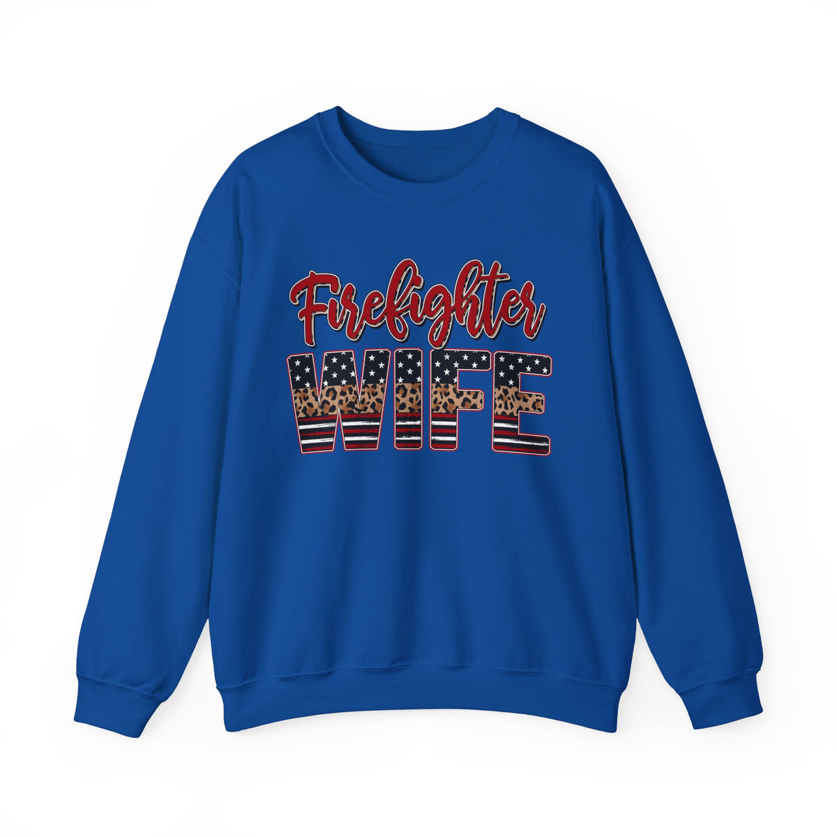 Firefighter Wife Patriotic Flag Lettering for Firefighter Spouse – Gildan Heavy Blend | Trendy Women’s Soft Sweatshirt. Direct to Garment. Printed & Shipped in the USA. Unisex Sizes.