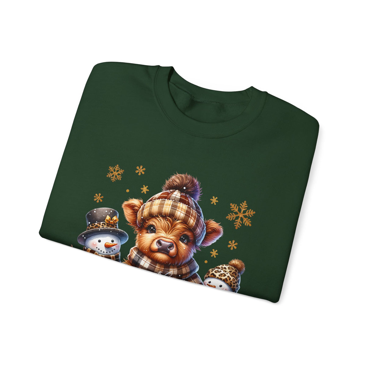 Cute Highland Cow with Snowmen, Winter – Gildan Heavy Blend | Trendy Women’s Soft Sweatshirt. Direct to Garment. Printed & Shipped in the USA. Unisex Sizes.
