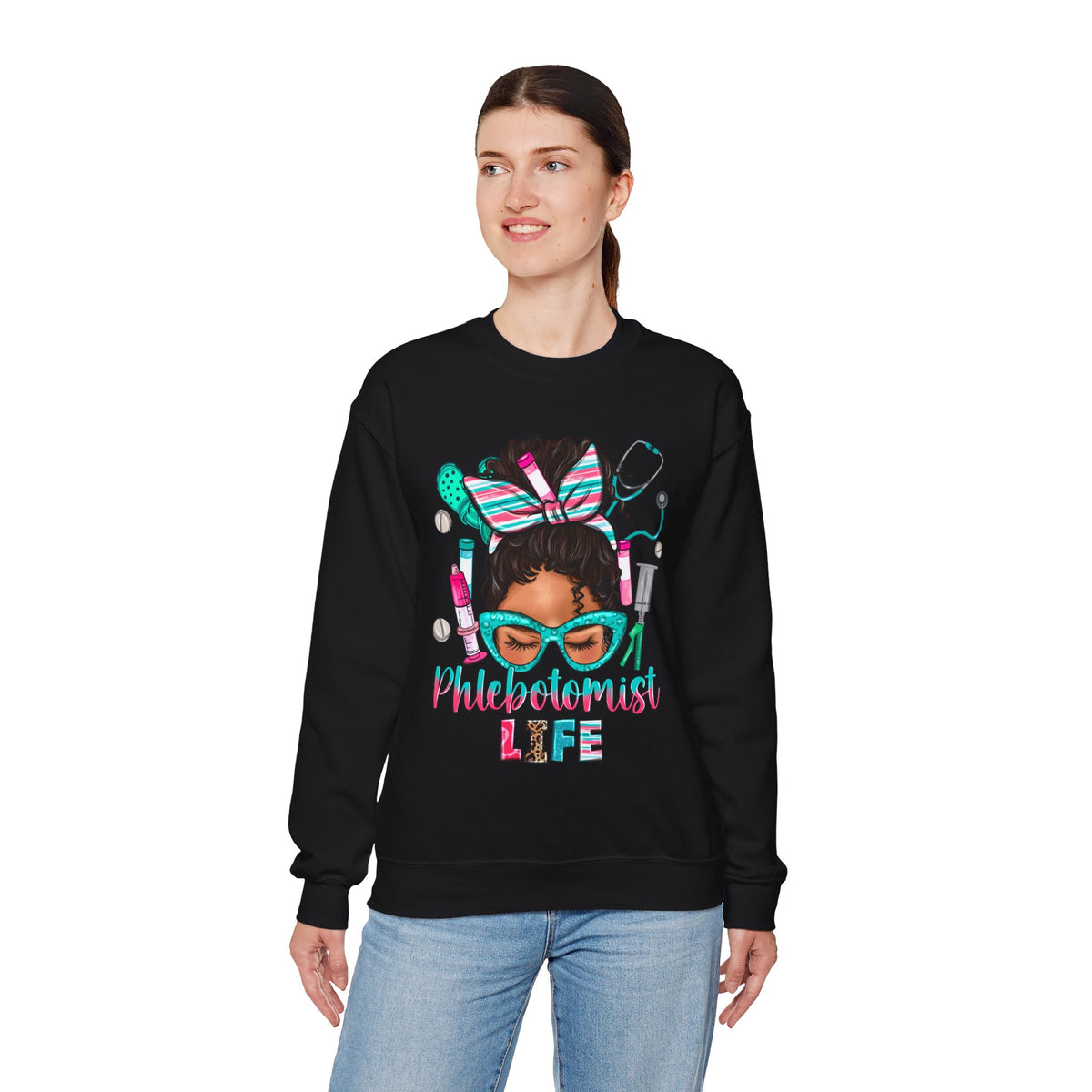 Phlebotomist Life, Messy Bun – Gildan Heavy Blend | Trendy Women’s Soft Sweatshirt. Direct to Garment. Printed & Shipped in the USA. Unisex Sizes.