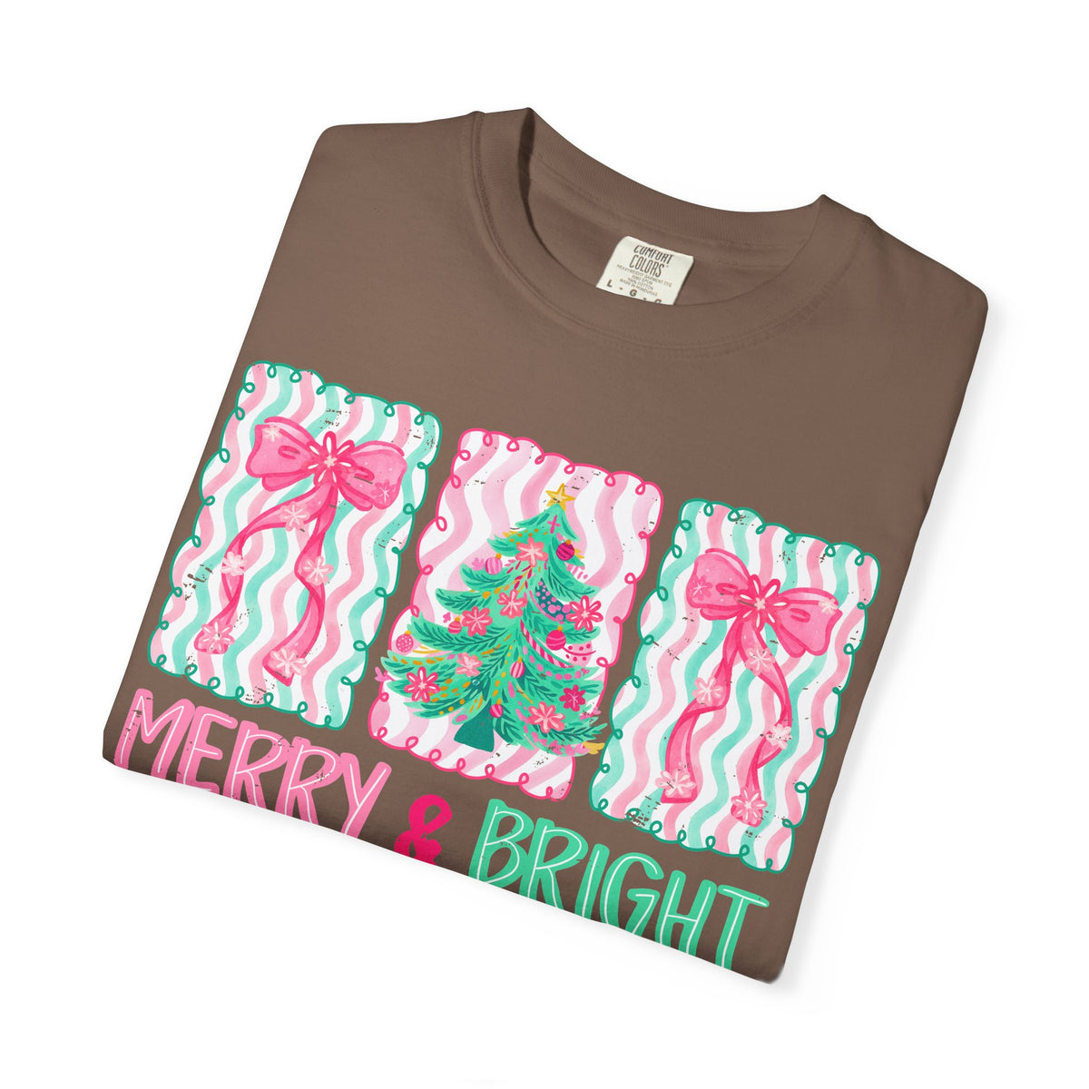 Merry & Bright Christmas — Pink & Green Holiday Tree Design - Comfort Colors | Trendy Women's T-Shirt. Direct to Garment. Printed & Shipped in the USA. Unisex Sizes.