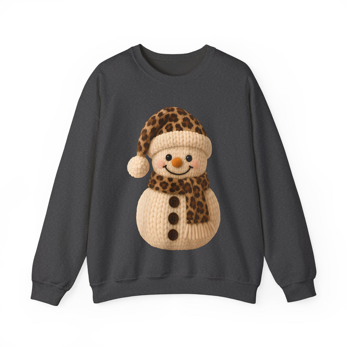 Cute Leopard Faux Knit Snowman Winter – Gildan Heavy Blend | Trendy Women’s Soft Sweatshirt. Direct to Garment. Printed & Shipped in the USA. Unisex Sizes.