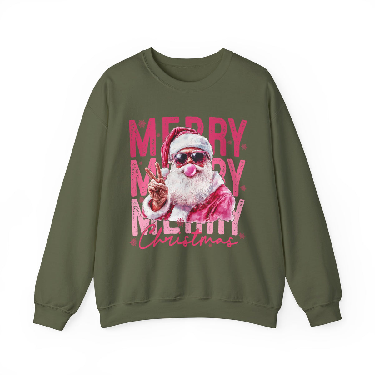 Pink Merry Christmas Bubblegum Santa – Gildan Heavy Blend | Trendy Women’s Soft Sweatshirt. Direct to Garment. Printed & Shipped in the USA. Unisex Sizes.