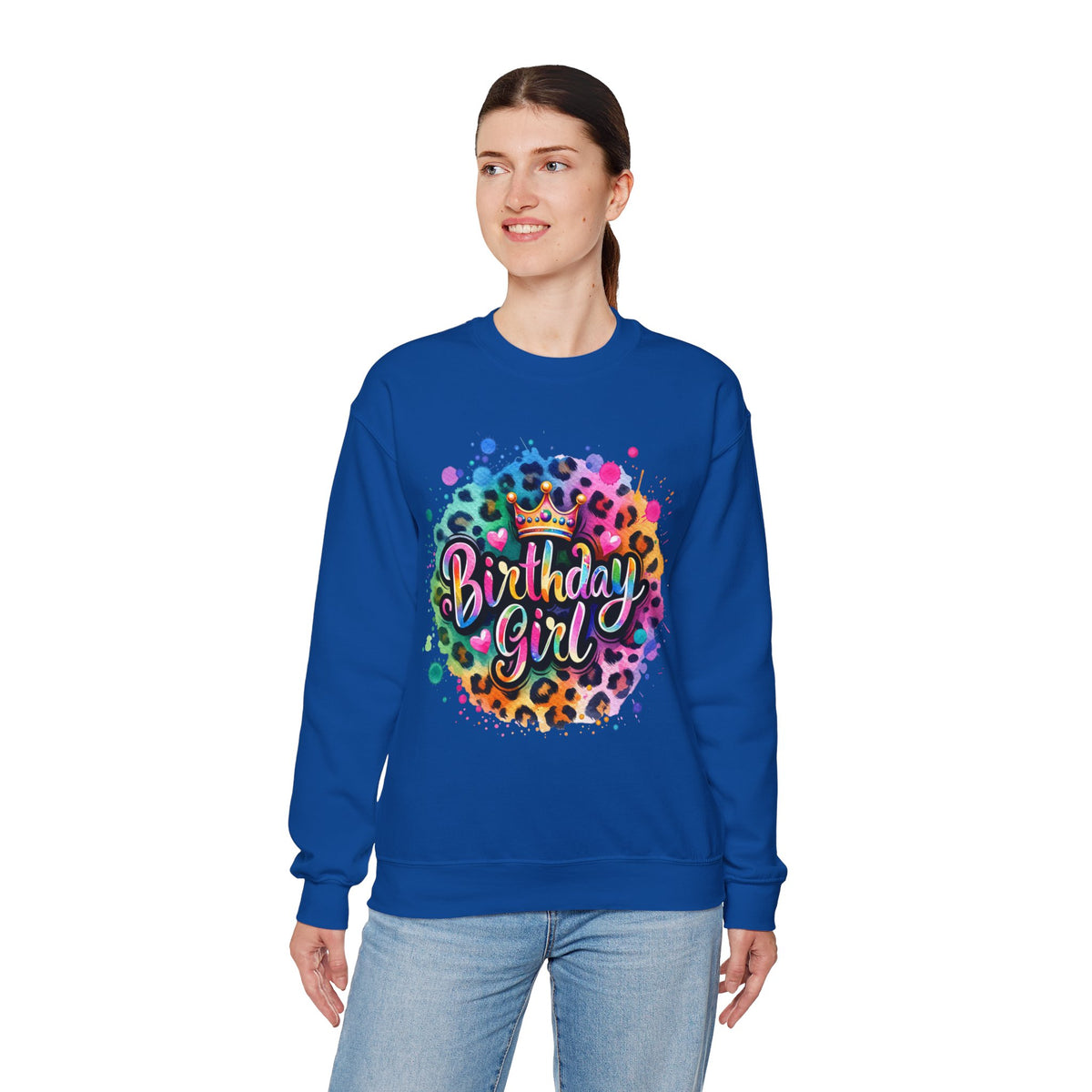 Birthday Girl, Neon Leopard – Gildan Heavy Blend | Trendy Women’s Soft Sweatshirt. Direct to Garment. Printed & Shipped in the USA. Unisex Sizes.