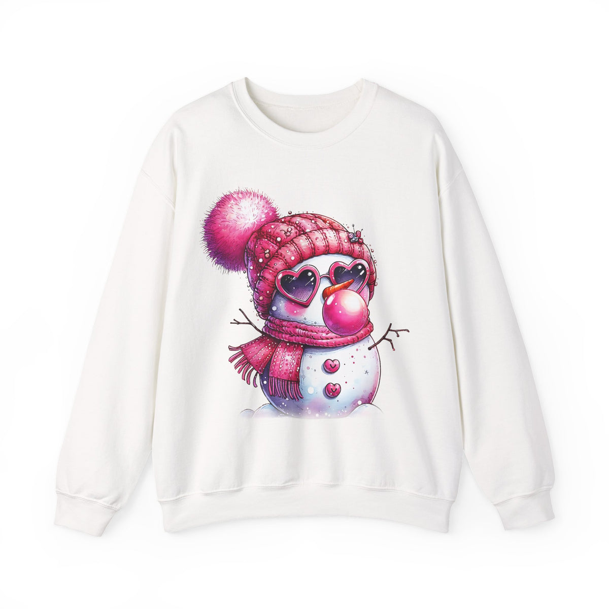 Pink Girly Snowman with Heart Sunglasses and Bubblegum - Winter – Gildan Heavy Blend | Trendy Women’s Soft Sweatshirt. Direct to Garment. Printed & Shipped in the USA. Unisex Sizes.