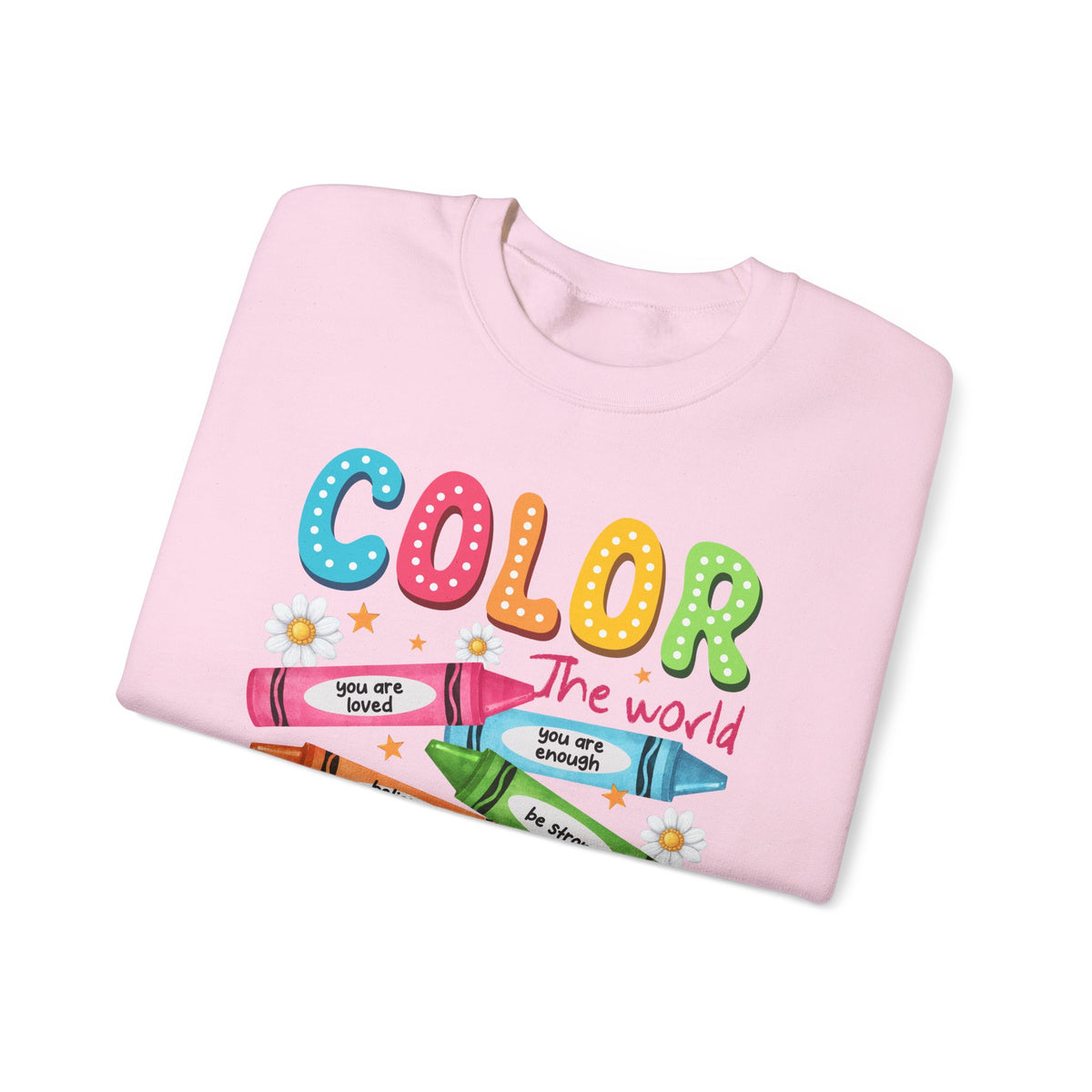 Color the World With Kindness Crayons, Great Teacher Gift – Gildan Heavy Blend | Trendy Women’s and Men's Soft Sweatshirt. Direct to Garment. Printed & Shipped in the USA. Unisex Sizes.