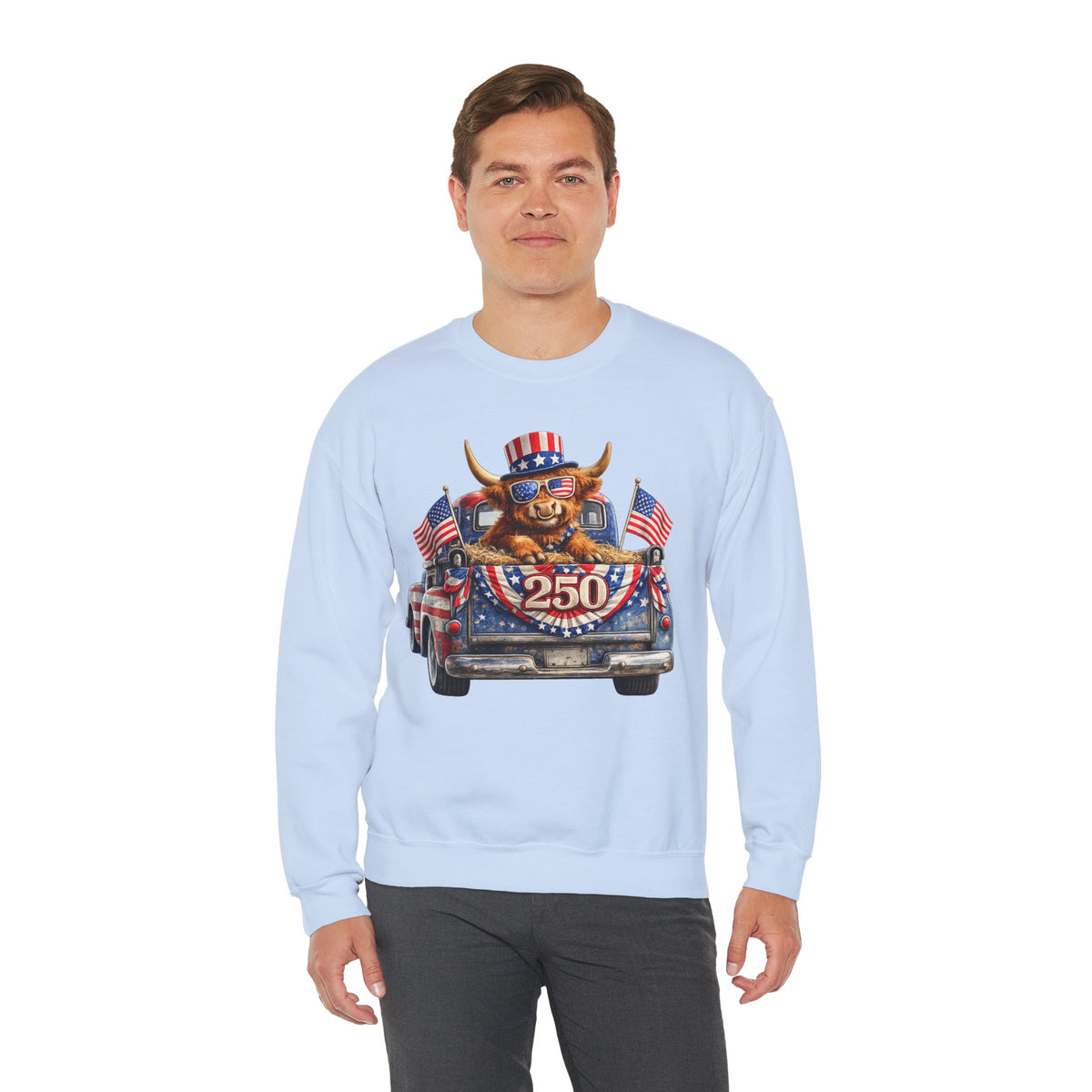 Patriotic Highland, America's 250th Birthday – Gildan Heavy Blend | Trendy Women’s and Men's Soft Sweatshirt. Direct to Garment. Printed & Shipped in the USA. Unisex Sizes.