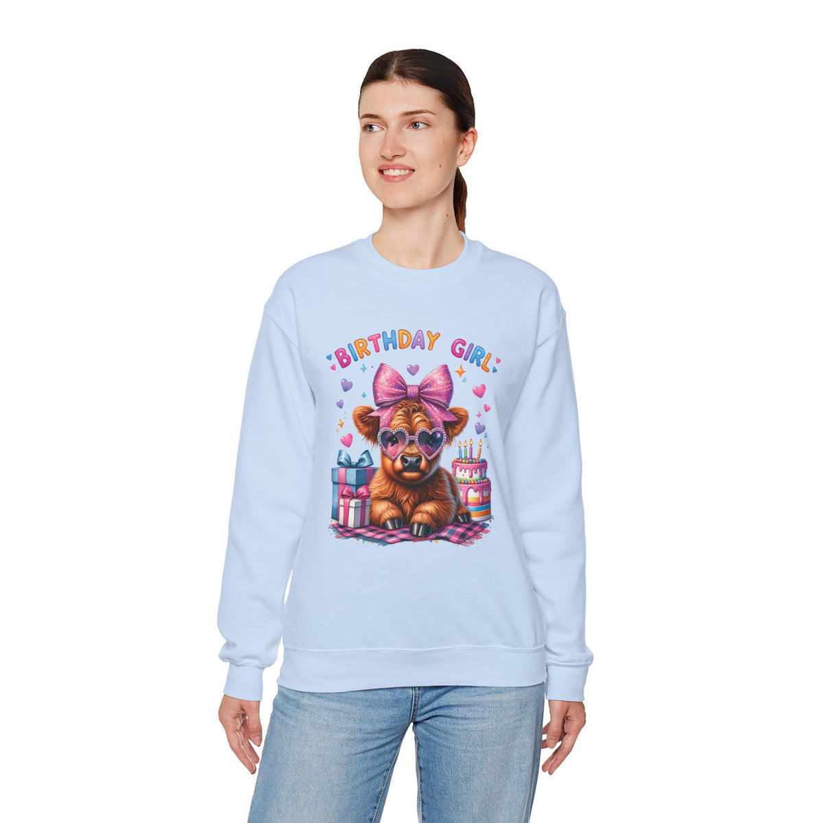 Birthday Girl, Highland Cow – Gildan Heavy Blend | Trendy Women’s Soft Sweatshirt. Direct to Garment. Printed & Shipped in the USA. Unisex Sizes.