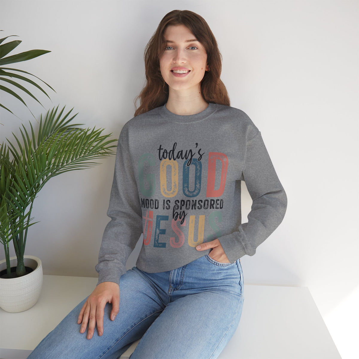 Today's Good Mood Sponsored By Jesus, Christian, Faith – Gildan Heavy Blend | Trendy Women’s Soft Sweatshirt. Direct to Garment. Printed & Shipped in the USA. Unisex Sizes.