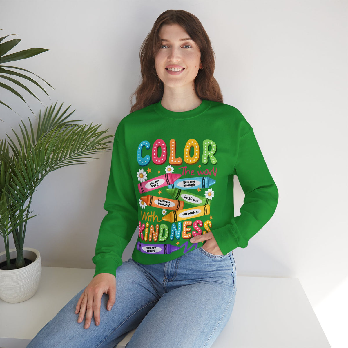 Color the World With Kindness Crayons, Great Teacher Gift – Gildan Heavy Blend | Trendy Women’s and Men's Soft Sweatshirt. Direct to Garment. Printed & Shipped in the USA. Unisex Sizes.