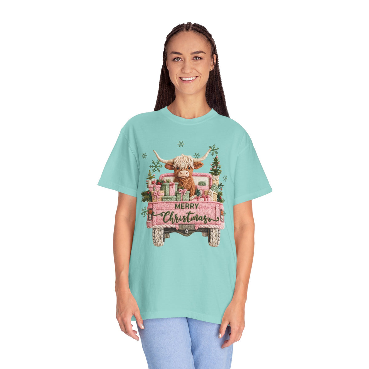 Highland Cow in Pink Truck Merry Christmas Holiday Farmhouse - Comfort Colors | Trendy Women's T-Shirt. Direct to Garment. Printed & Shipped in the USA. Unisex Sizes.